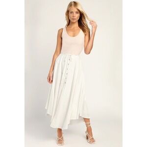 NWT Lulu's Best Beginnings Ivory Button-Front Midi Skirt Linen Blend Cream Small